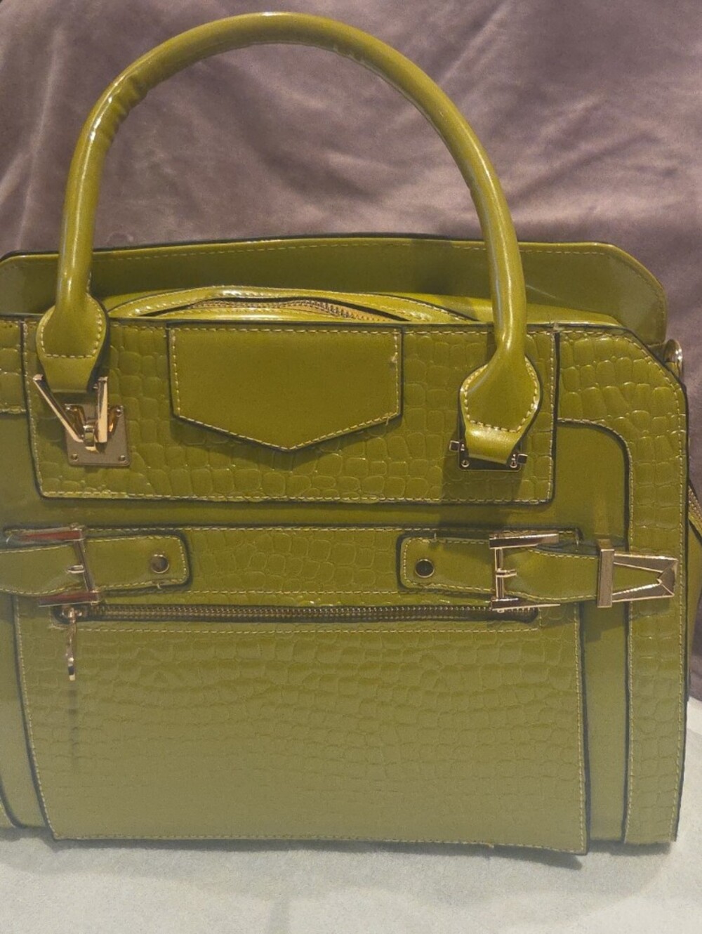 Olive Green Textured Satchel Handbag with Gold Hardware